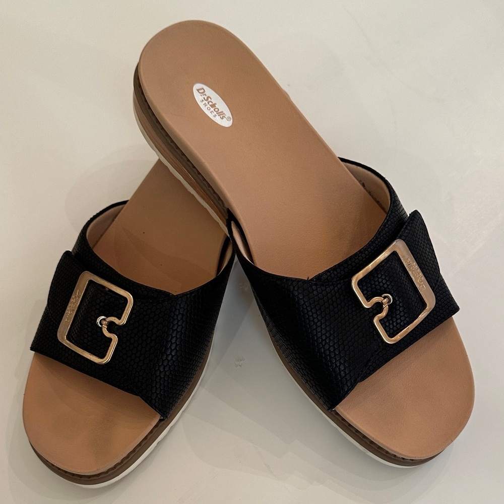 Dr. Scholl's Black Slide Mules with Tan Footbed and Gold Buckles. Size 10